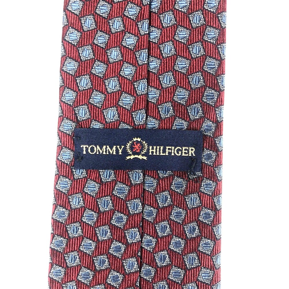 Classic VINTAGE Tommy Hilfiger Tie 100% Silk Red Blue Geometric Made in USA - Picture 5 of 7
